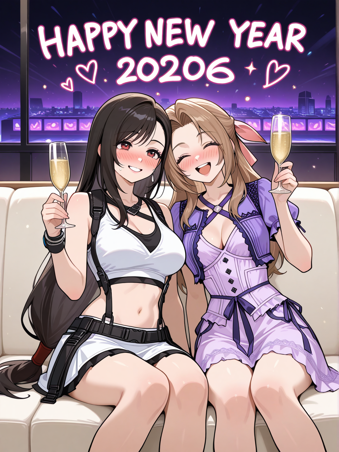 tifa lockhart, dans la tenue d aeris Gainsborough .
Aeris Gainsborough dans la tenue de tifa,
Toute les deux assises sur un canapé blanc confortable, en club de musique , tiennent toute les deux une coupe de champagne , le visage légèrement rouge , une expression au visage pompette .
Un grand sourire avec marquer en gros bonne année 2026
