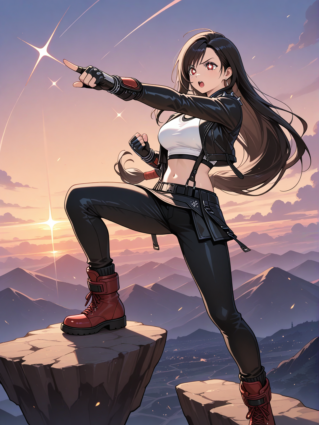 tifa lockhart, dans la tenue de zell dincht de final fantasy 8, montre l'horizon le poing levé en signe de détermination, elle est sur une falaise , les yeux brillants