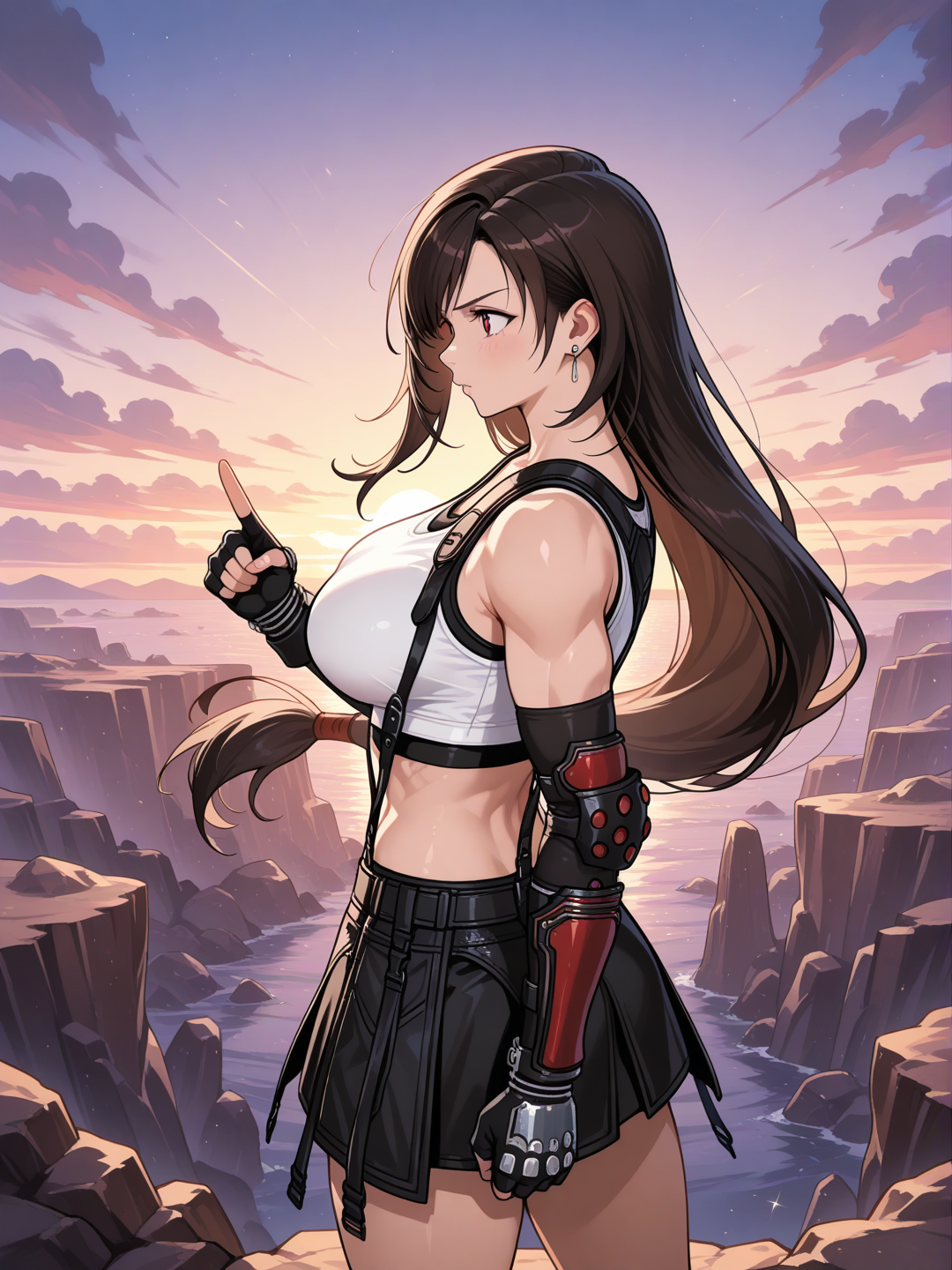 tifa lockhart, dans la tenue de zell dincht de final fantasy 8, montre l'horizon le poing levé en signe de détermination, elle est sur une falaise , les yeux brillants