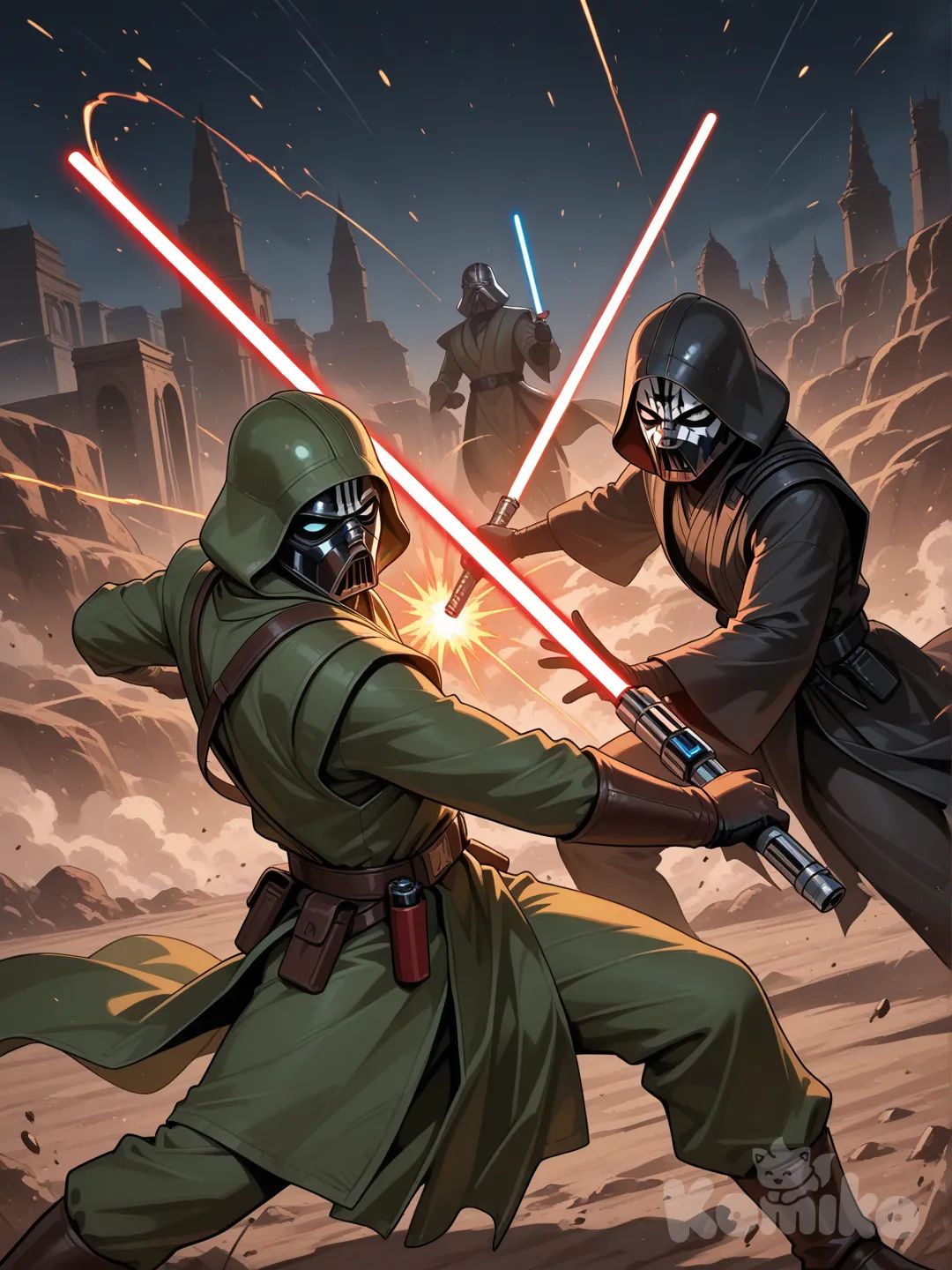 Jedi in Green Outfit, Fights with Sith in mask