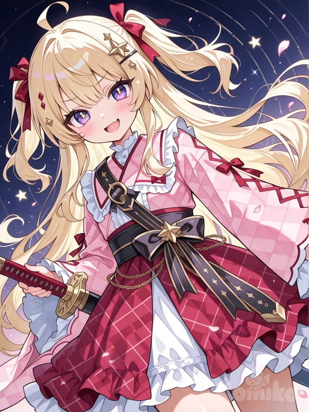 rating:safe, holding, cowboy_shot, traditional_media, weapon, sword, unmoving_pattern, argyle, ribbon, petals, holding_weapon, fang, sidelocks, shiny, star_(symbol), frills, holding_sword, light_particles, striped, ahoge, dutch_angle, sash