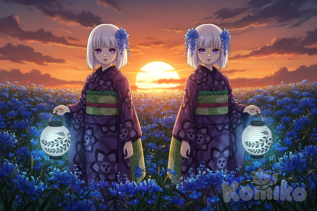 kimetsu no yaiba, pon a dos de estaa peliblancasnjuntas , mirando q la camara , con flores azules lirio de araña azul, el campo de lirio araña azul , atardecer detrás de ellas, anime style