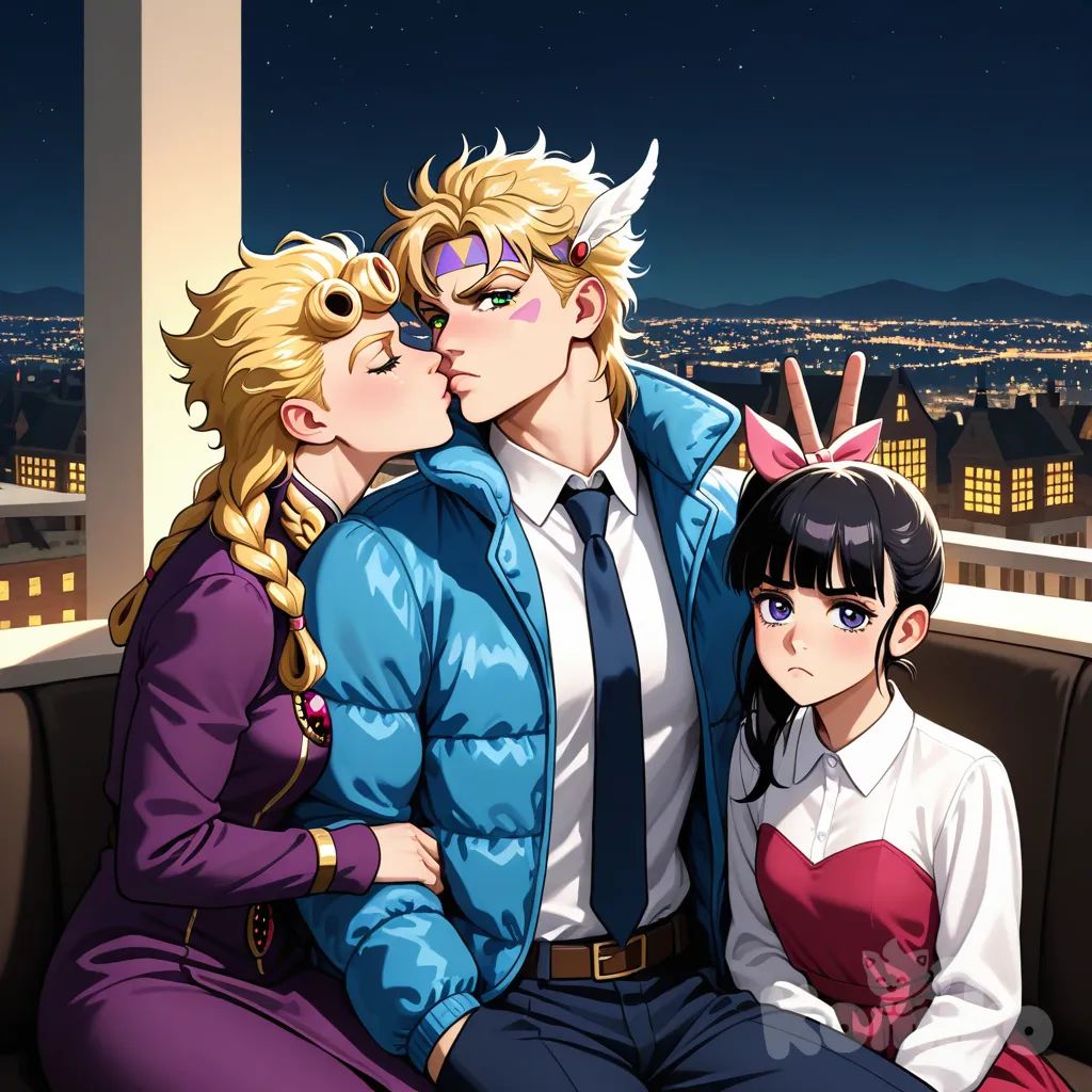 Joseph Joestar (Young), Caesar Anthonio Zeppeli, Giorno Giovanna, Minecraft style, 2girls, 2boys, Tsuyuri Kanao, hands in pockets, v sign, frown, sitting on lap, kissing, evening dress, school uniform, down jacket, panoramic lens, looking at viewer, upper body, headshot, city lights, castle