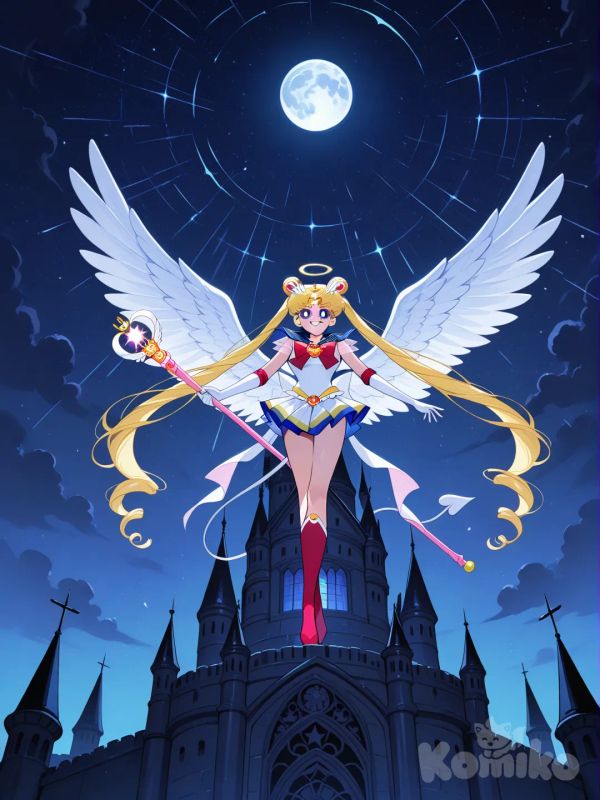 bishoujo senshi sailor moon, tsukino usagi, super sailor moon, evil smile, full body, wide shot, from below, castle, angel and devil, love blast, magical girl rod, moon