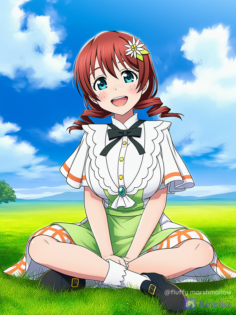 Emma Verde Sitting Cross-Legged on Grass