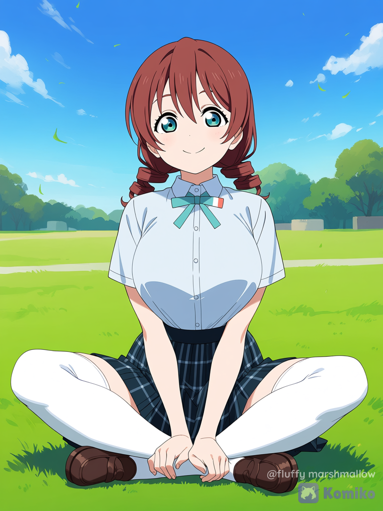 Emma Verde Sitting Cross-Legged on Grass