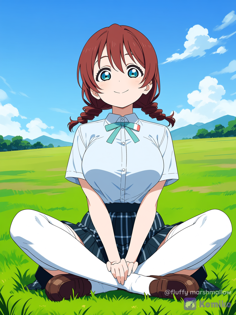Emma Verde Sitting Cross-Legged on Grass