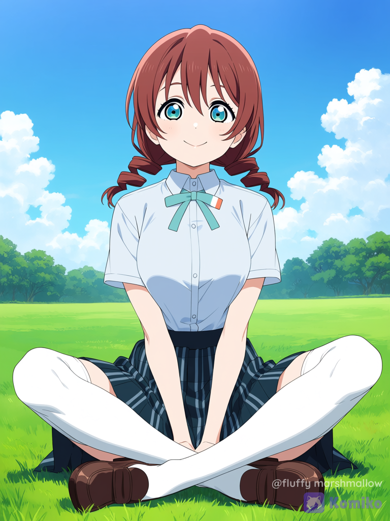 1girl Emma Verde Sitting Cross-Legged on Grass