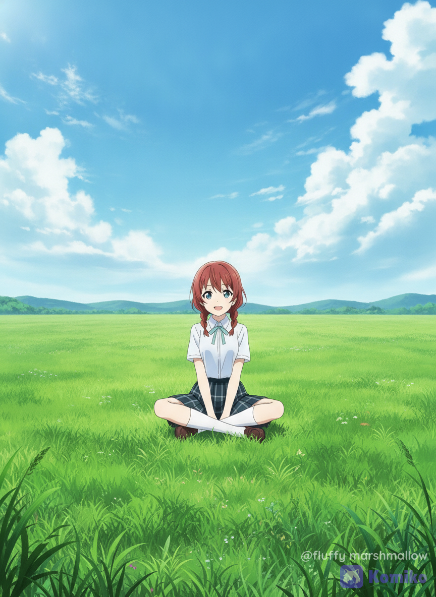Emma Verde Sitting Cross-Legged on Grass