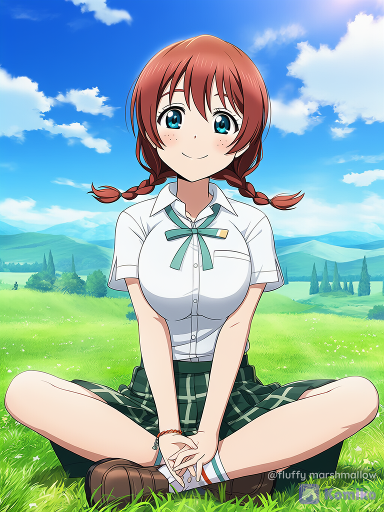 Emma Verde Sitting Cross-Legged on Grass