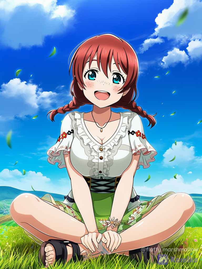 Emma Verde Sitting Cross-Legged on Grass