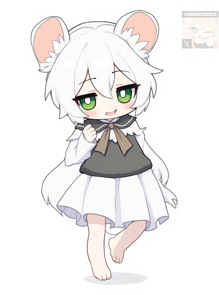 1girl, mouse girl, white fur, blonde hair, green eyes, small, cute, single character, full body, looking at viewer, anime style, simple background, white background