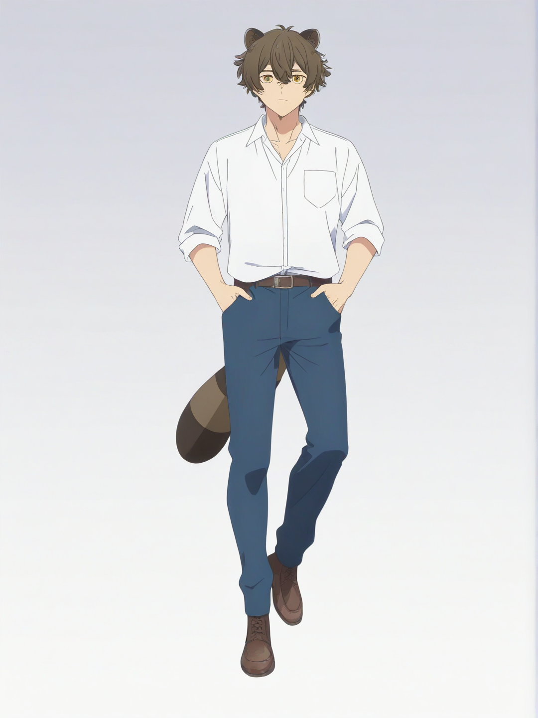 [bright-anime-style] 1boy, raccoon_ears, raccoon_tail, denim_clothing, yellow_eyes, single character, full body, looking at viewer, anime style, simple background, white background