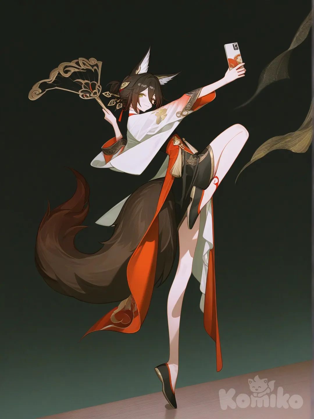 @Tingyun_(Honkai:Star_Rail), selfie, dancing, full body, [high-contrast-glossy-style]