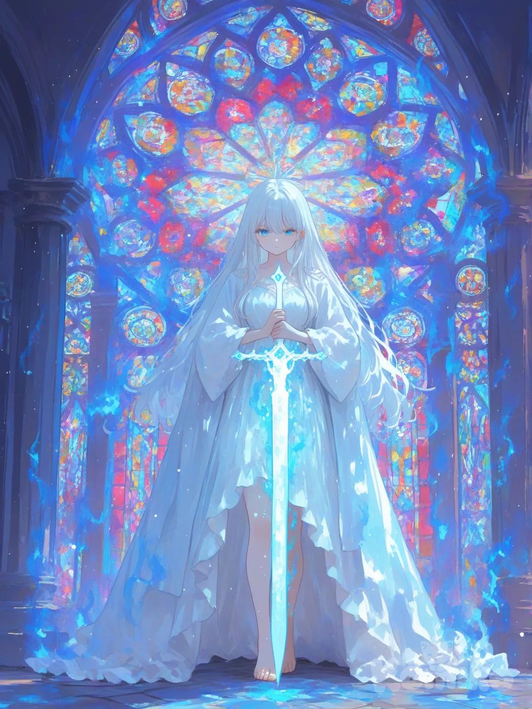 1girl, solo, weapon, sword glowing_blue, long_white_hair, blue_eyes, holding_weapon, full_body, standing, white_dress flowing, stained_glass_background, blue_fire_magic, mystical_light, epic_fantasy_hero, dynamic_pose, glowing_sword, magical_particles, ethereal_aura, heroic_pose, mystical_energy, [sweet-painting-style]