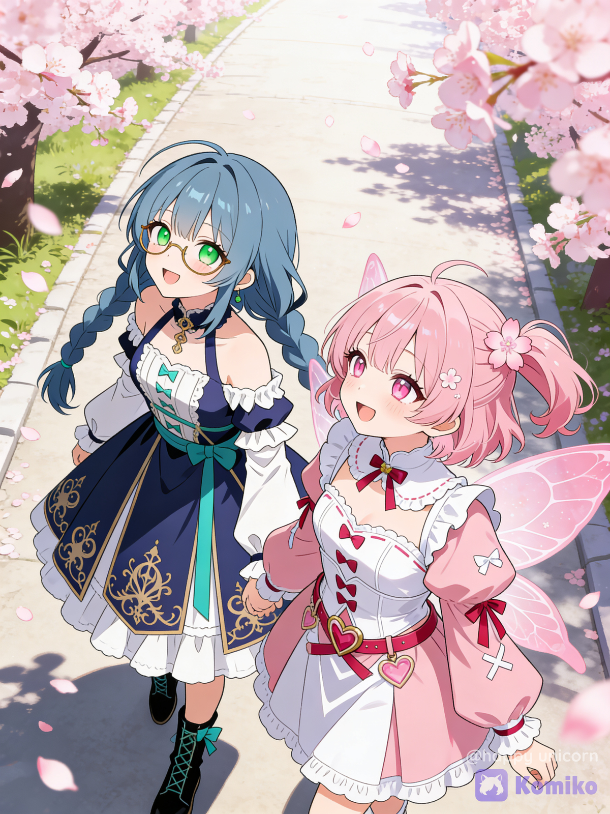 Two friends walking along a cherry blossom path