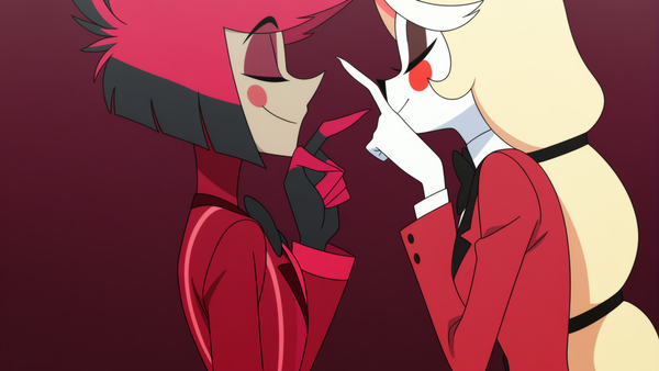 Scene 1: Alastor and Charlie playing. Scene 2: Alastor touching Charlie's nose.