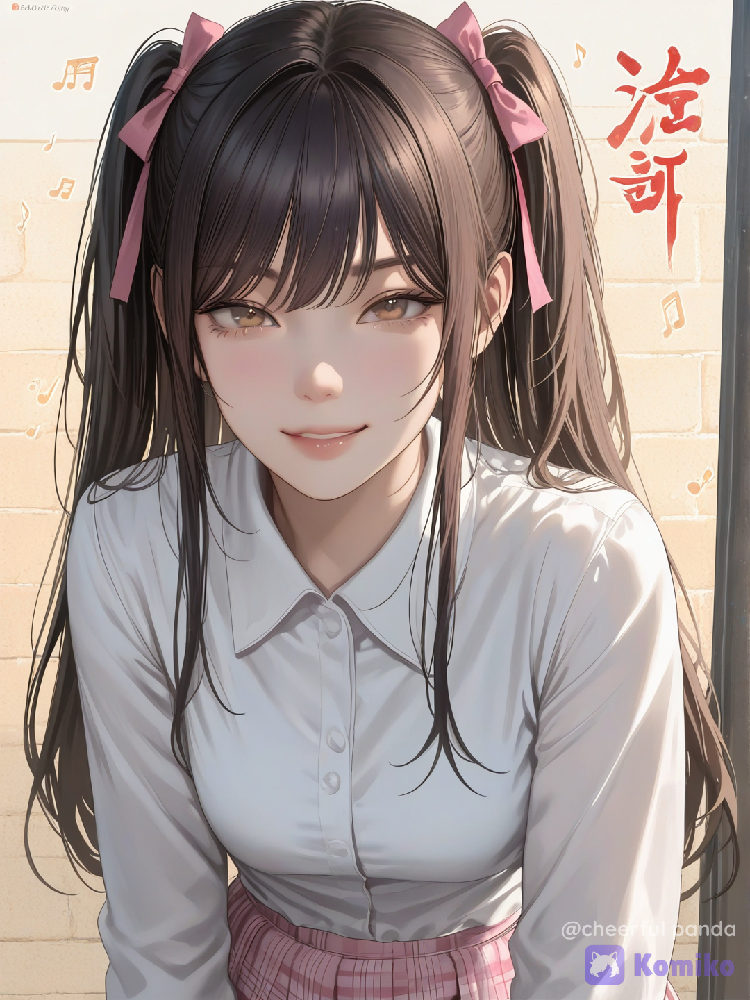 A photorealistic portrait featuring a striking woman with athletic build posed against a textured brick wall. The text "Luis Arcy" and "The Arcy's girl" appear in bold Japanese-style graffiti lettering across the brick surface in vivid colors.  The woman wears a crisp white cotton blouse and bright pink minisikirt , her long straight black hair styled in high pigtails secured with glossy silk ribbons. She poses with natural confidence, one hand resting against the warm-toned brick wall.  Delicate musical note graphics float translucently around her feet in soft overlays. The brick wall displays vibrant street art in saturated blues, reds, and yellows with clean bold letterforms.  Warm golden natural light creates dramatic directional shadows across her figure and the textured brick surface. Strong contrast between highlighted and shadow areas defines her athletic form and the wall's weathered texture. The lighting produces rich amber tones on sun-struck surfaces while maintaining deep shadows that add sculptural depth.  The composition captures intimate warmth through close framing and sophisticated portrait lighting that emphasizes both subject and environment with equal attention to detail and texture.