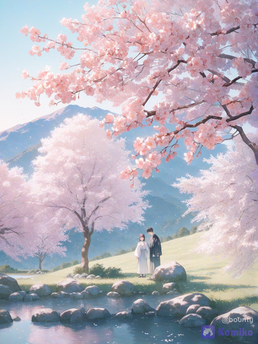 山の桜と大きな池
