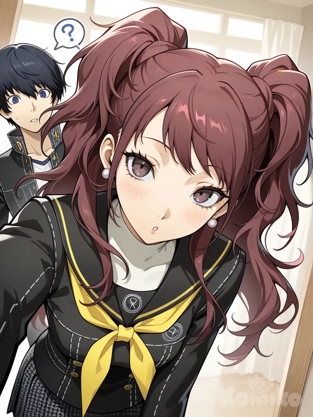 Japanese boy, black hair, blue eyes, yasogami high school uniform from persona, confused, leaning, innocent face, 2 people, kujikawa rise, selfie