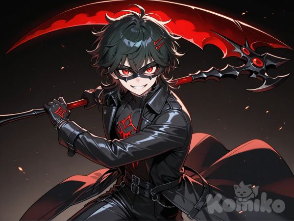 Young, Suzuya juuzou, medium length messy black hair, smile, glowing red eyes, black trench coat, black bodysuit undershirt, reaper domino mask, holding scythe, red hairpin, weapon over shoulders