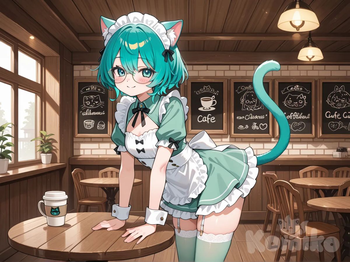 teal heair, short hair, teal eyes, cat ears ,short hair, small breasts, maid outfit, cat tail, short dress, stockings, pastel green maid outfit, pastel green stockings, cute pose, cafe, glasses