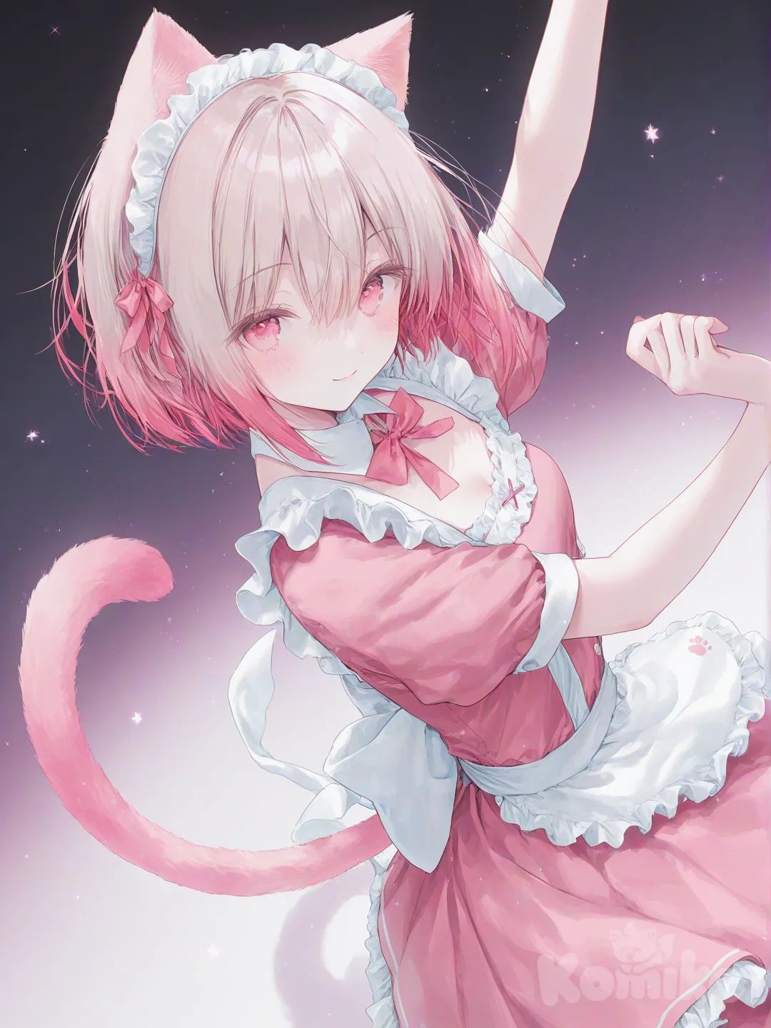 two tone hair , half black , half pink, short hair, slender, small breasts, pink eyes, pink maid outfit, cat ears, cat tail, pink maid outfit, idol dance , cute pose, [sweet-pastel-style]