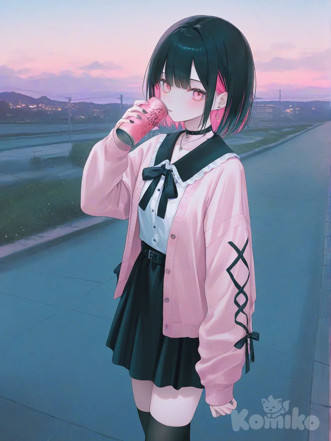 has two-tone hair (half black, half pink), pink eyes, slender build, wearing a dark pastel Jirai Kei outfit with with thigh-highs, and has a pink jacket , she is drinking a pink cna with a straw, at dusk on a walkway in tokyo , [soft-pastel-style] short hair