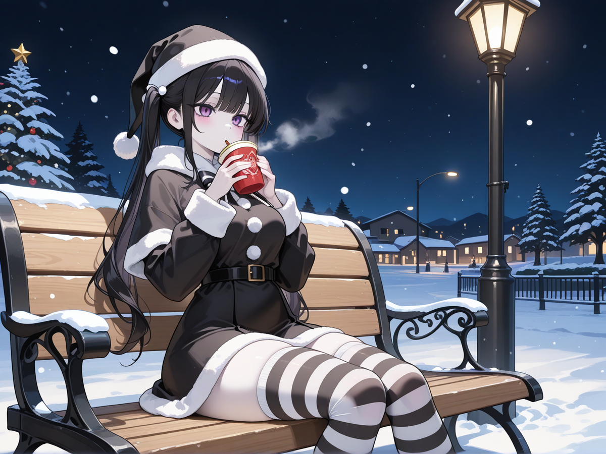Long black twin tails, slender, dark purple eyes, Black and white santa costume, black white striped santa stokckings, pale skin, medium breasts, outside sitting on a bench drinking hot coco, snow and chistsmass blackgournd at night