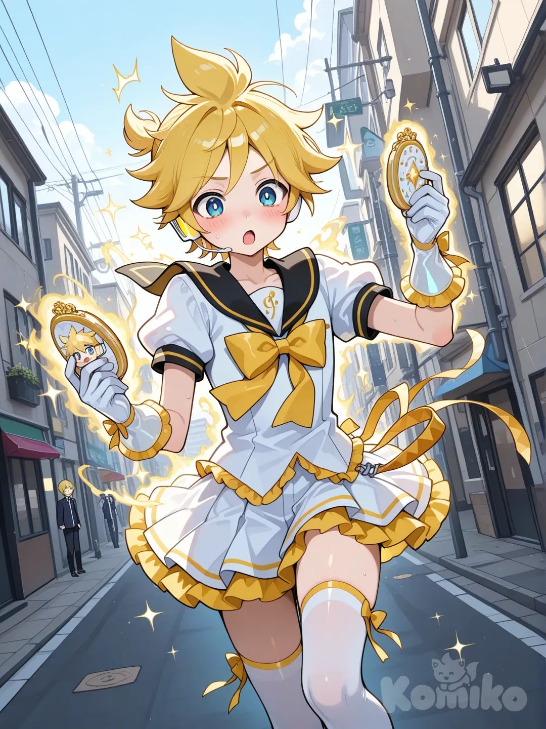 @Kagamine_Len撿到魔法少女的變身道具，被強制變身