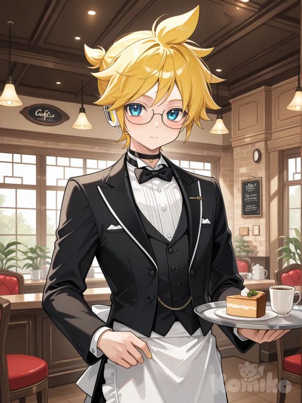 @Kagamine_Len扮成執事在執事咖啡廳打工, bow tie, choker, glasses