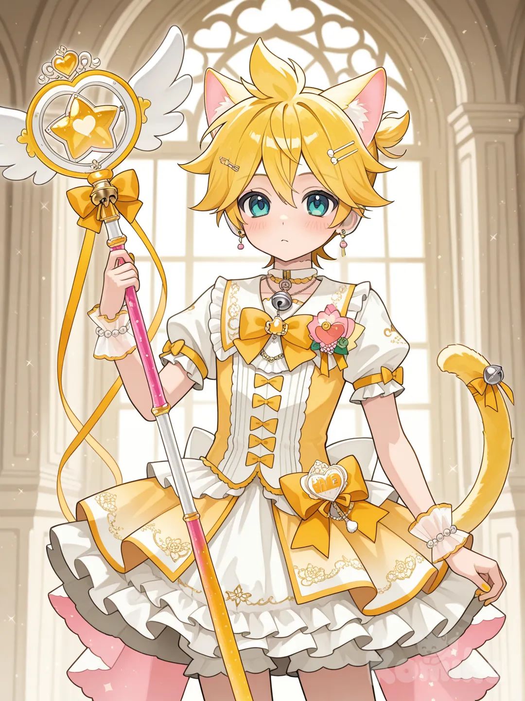 @Kagamine_Len貓咪魔法少女，道具是緞帶魔法貓咪鈴鐺, ruffles, lace, bow, cat ears, bracelet, earrings, necklace, hair accessory, hairpin, corsage