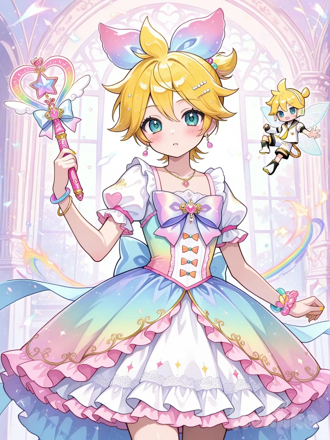 @Kagamine_Len變身成守護童話世界的魔法少女，五彩繽紛的童話風格，拿著七彩魔法棒, ruffles, lace, bow, necklace, earrings, bracelet, jewelry, hair accessory
