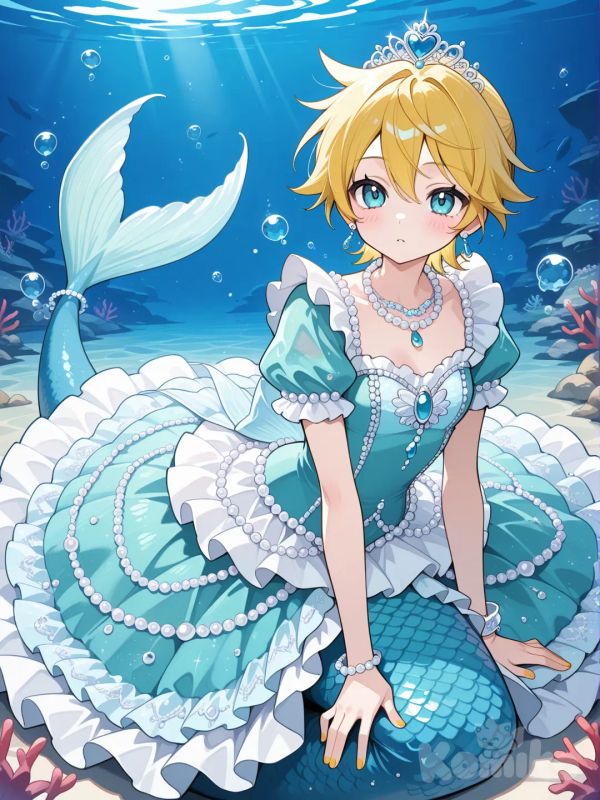 @Kagamine_Len變身成人魚公主風格的魔法少女，服裝的顏色以水藍色為主, 服裝款式是魚尾裙，ruffles, lace, earrings, necklace, bracelet, pearls, crown, gradient
