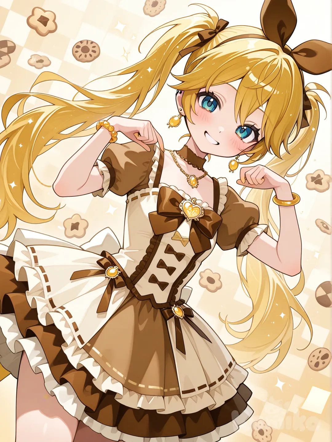 @Kagamine_Len變身成曲奇餅乾風格的魔法少女，服裝款式是曲奇餅乾的格紋圖樣，顏色是曲奇餅乾的顏色, ruffles, headband, earrings, necklace, bracelet