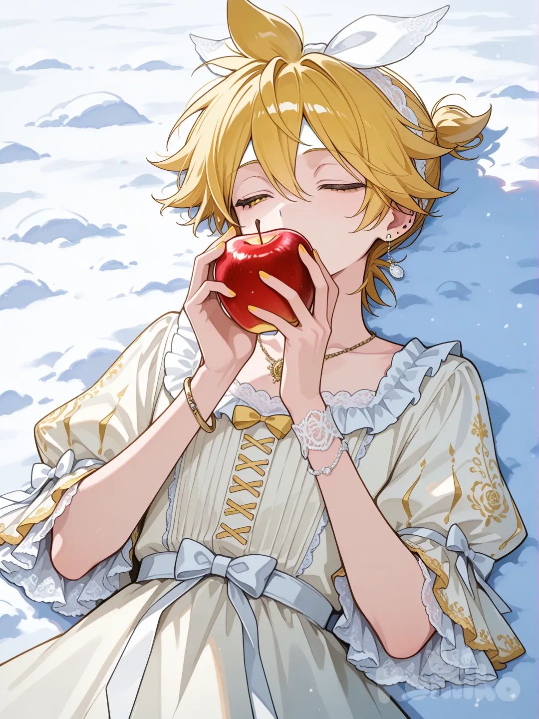 @Kagamine_Len不小心吃下了毒蘋果，如同白雪公主般的昏過去, ruffles, lace, headband, bow, earrings, necklace, bracelet