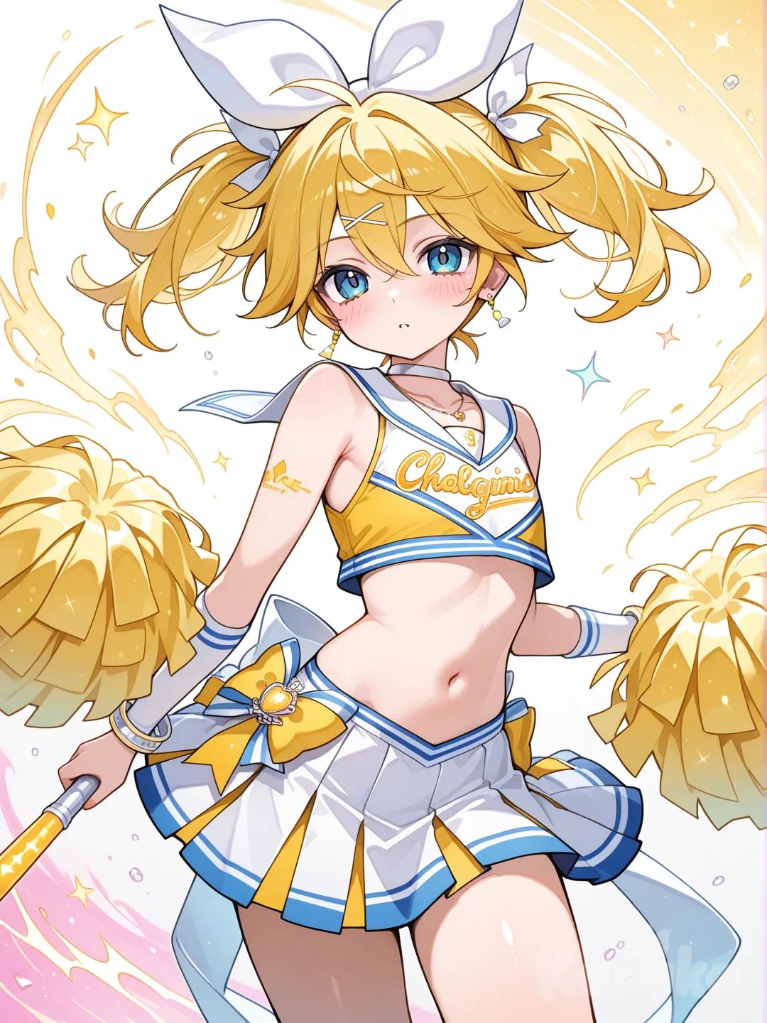 @Kagamine_Len變身成啦啦隊風格的魔法少女，服裝款式是有露肚臍的啦啦隊服，道具有啦啦隊彩球和啦啦隊加油棒, ruffles, hair accessory, bow, earrings, necklace, bracelet, twin tails