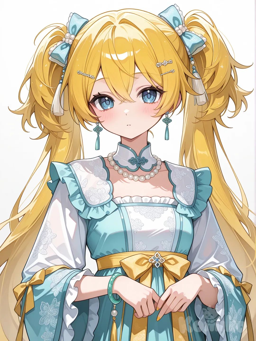 @Kagamine_Len掉進紅樓夢的故事裡變成女主角林黛玉，ruffles, bow, earrings, bracelet, pearls