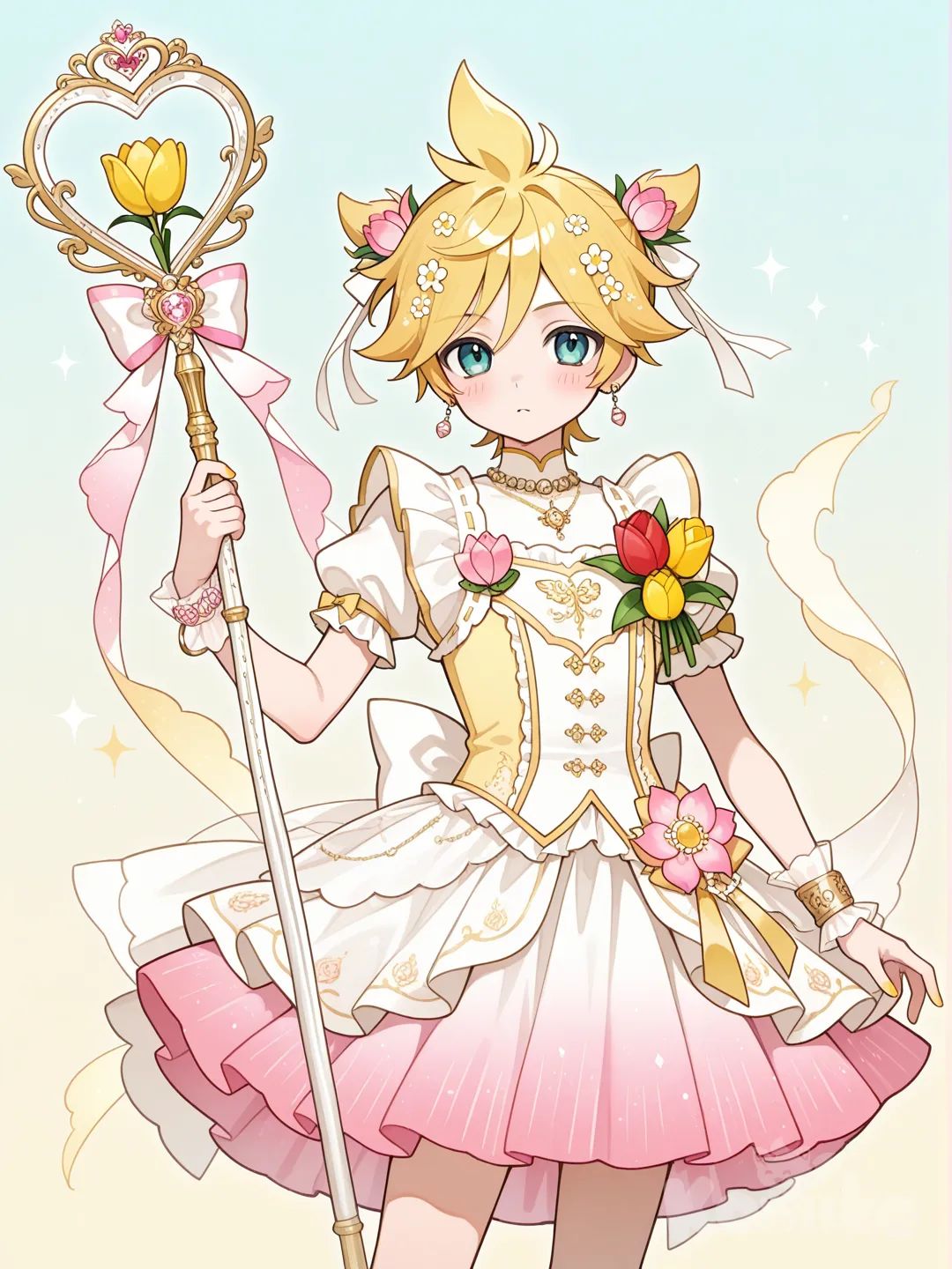 @Kagamine_Len變身成鬱金香風格的魔法少女，顏色是鬱金香的顏色系，裝飾以鬱金香為主, ruffles, bracelet, earrings, necknecklace, gradient, corsage, hair accessory