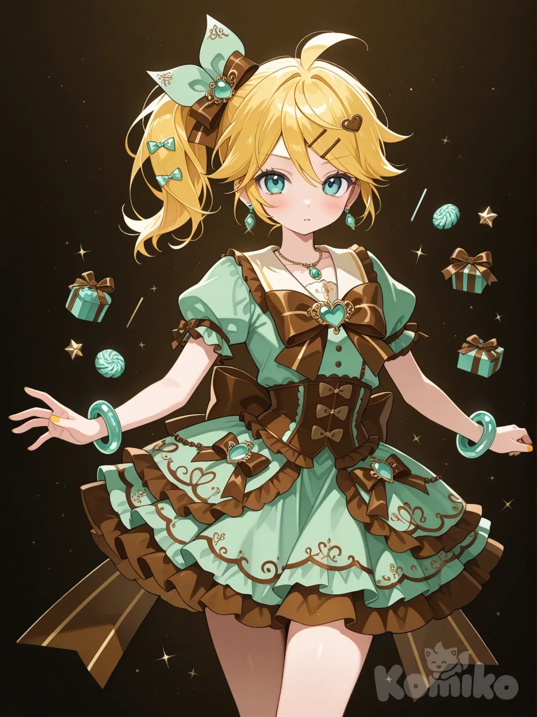 @Kagamine_Len變身成薄荷巧克力風格的魔法少女，顏色是薄荷巧克力的顏色，裝飾以薄荷巧克力為主, ruffles, bracelet, earrings, necknecklace, hair accessory, bow, side ponytail