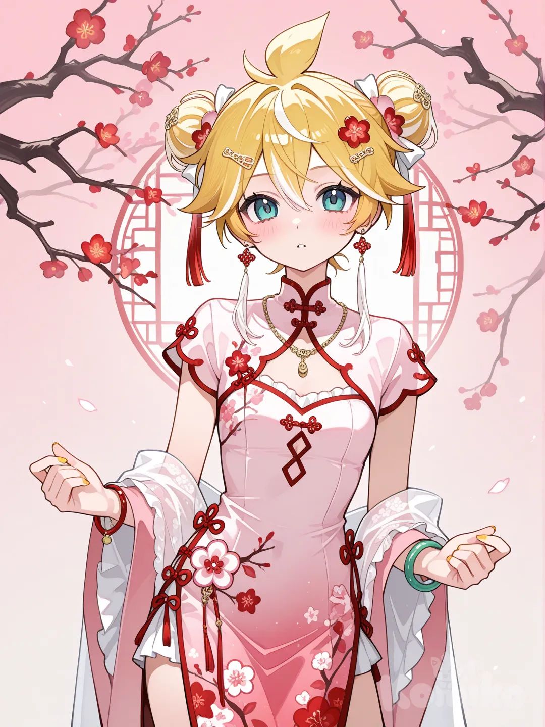 @Kagamine_Len變身成梅花風格的魔法少女，服裝款式是中國服，顏色是梅花色系，裝飾以梅花樹為主, ruffles, bracelet, earrings, neckhair accessory, necklace, gradient