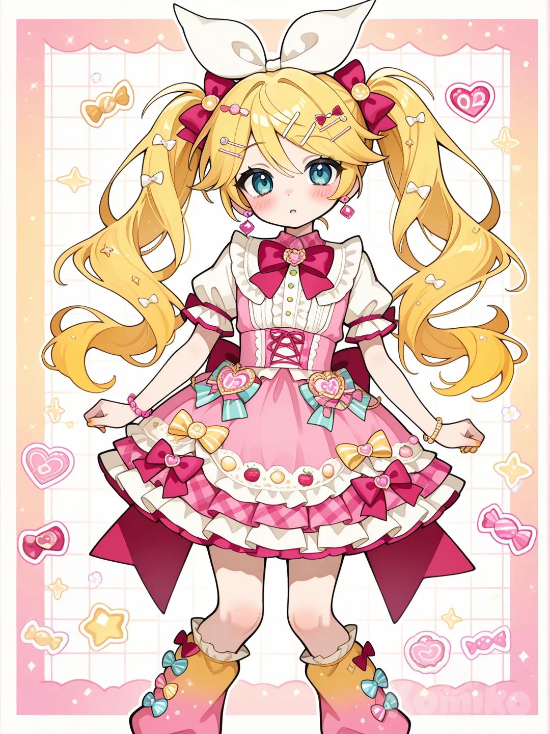 @Kagamine_Len變身成葛莉特風格的魔法少女，服裝的款式是鄉村女孩風格,裝飾以糖果為主,襪子是泡泡襪 ruffles, hair accessory, bow, earrings, bracelet, hairpin, gradient, twin tails