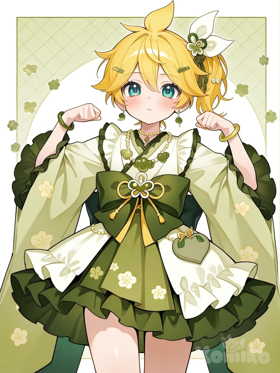 @Kagamine_Len變身成抹茶風格的魔法少女，服裝的款式是和風，顏色是抹茶色系，裝飾以抹茶點心為主, ruffles, bracelet, earrings, necknecklace, hair accessory, bow, side ponytail