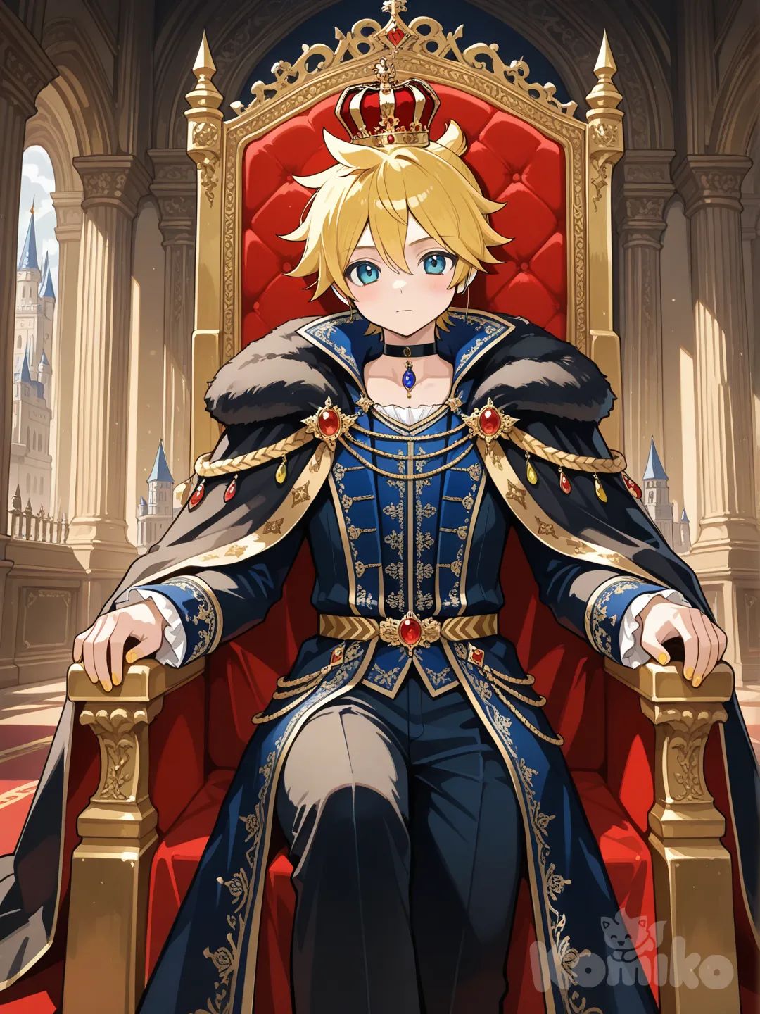@Kagamine_Len穿越異世界成為英俊的王子殿下, crown, choker, jewelry, castle