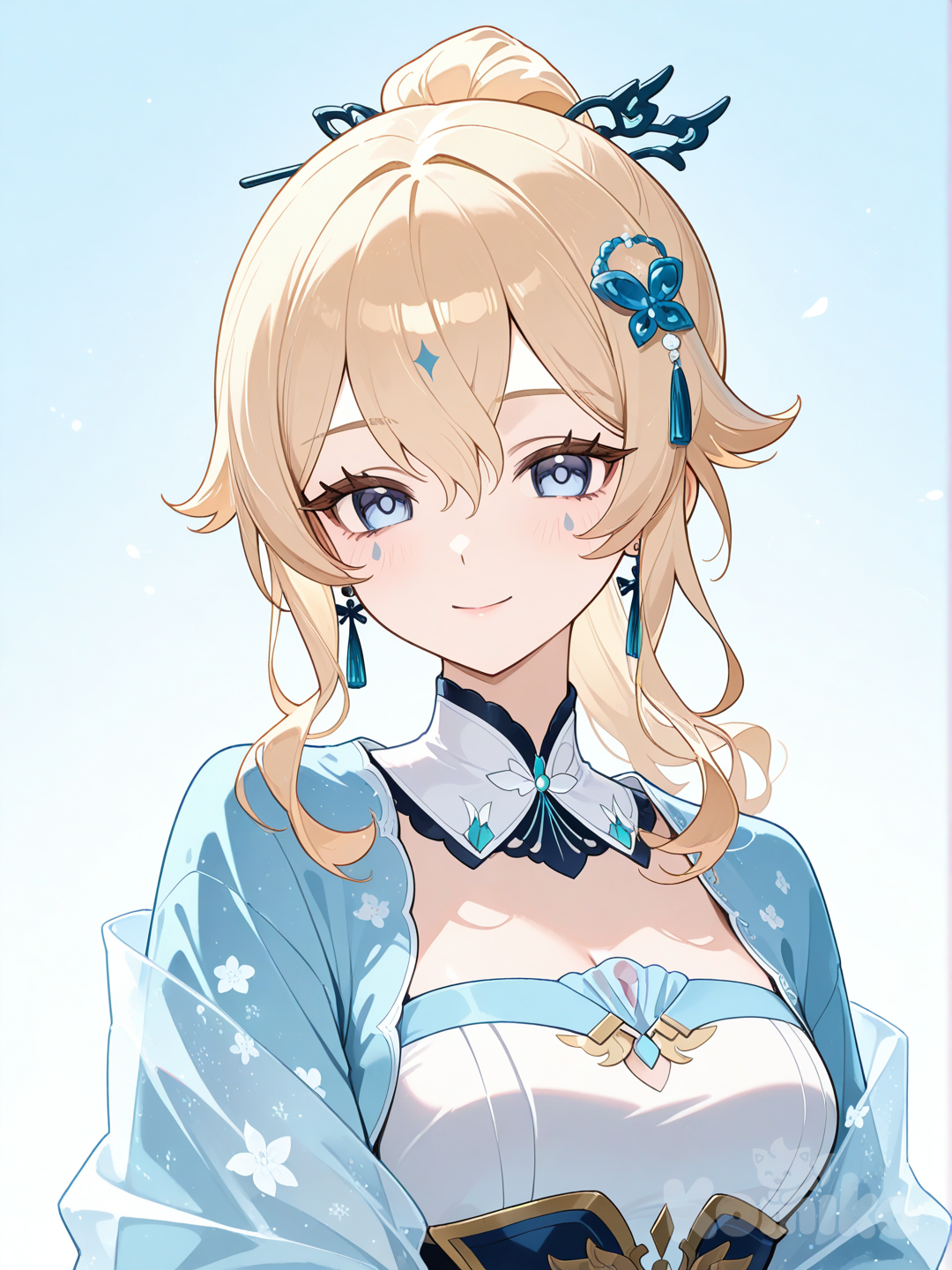 shawl, jewelry, hair_ornament, hanfu, solo, earrings, 1girl, facial_mark, smile, chinese_clothes, forehead_mark, Jean (Genshin Impact)