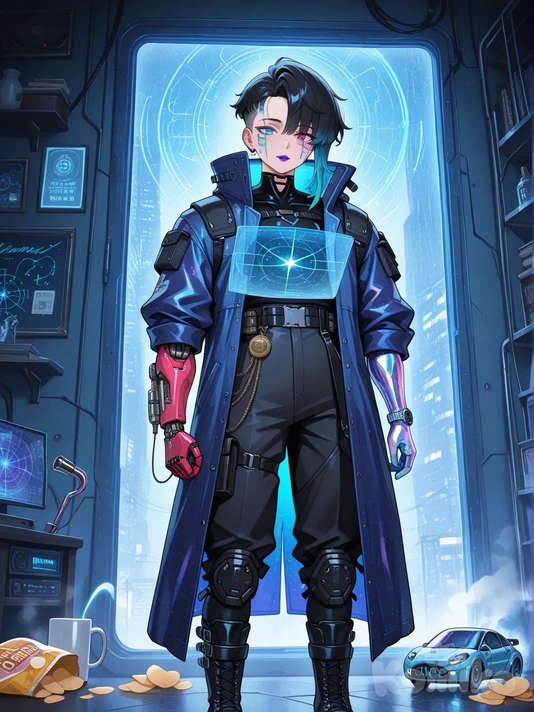 A hyper-cinematic 16K render of a gender-fluid cyberpunk archivist with bioluminescent teal and magenta cybernetic implants weaving through their jet-black asymmetrical undercut—one side shaved to reveal glowing neural interface ports, the other cascading into wavy lengths streaked with electric blue highlights—their face adorned with delicate silver circuit-patterned face paint that glows softly in dim light, heterochromatic eyes (one emerald green with a holographic pupil, one matte black with a glowing red data stream) focused intently on a holographic display hovering before them, high cheekbones dusted with iridescent glitter that shimmers like crushed obsidian, and lips painted a glossy deep purple. They wear a tailored midnight-blue synth-leather coat with可拆卸 (removable) neon-pink shoulder pauldrons etched with ancient digital runes, the fabric lined with programmable LED strips that cycle through hues of cyan and magenta, layered over a form-fitting carbon-fiber bodysuit embedded with micro-LEDs that mimic constellations, paired with high-waisted black cargo pants with multiple utility pouches stuffed with data chips, holographic storage disks, and a small laser cutter, tucked into thigh-high matte-black combat boots with retractable magnetic cleats and glowing teal toe caps. They stand in the heart of a neon-drenched underground archive hidden beneath a rain-soaked cyberpunk megacity at 3 AM, surrounded by towering shelves of vintage data cores, crumbling leather-bound books with glowing pages, and rusted server racks humming with residual energy—steam billows from cracked pipes overhead, casting hazy rainbows through the neon light, while holographic projections of forgotten histories (ancient star maps, cybernetic blueprints, handwritten letters) float through the air, intersecting with the archivist’s display. In one hand, they grip a weathered brass cane topped with a crystal that pulses with the same bioluminescent teal as their implants, the cane doubling as a data scanner that emits a faint green laser beam; in the other, they hold a cracked antique locket containing a holographic photo of a lost loved one, the image glitching softly. Their left arm is a fully cybernetic prosthetic with exposed wiring that glows magenta, fingers ending in retractable data probes, while their right wrist sports a vintage analog watch with a face made from a repurposed circuit board. The space is cluttered with personal mementos: a chipped ceramic mug filled with glowing blue synth-coffee, a stack of dog-eared cyberpunk novels, a small potted bioluminescent fern that sways gently in a draft, and a vintage radio playing static-laced jazz. Outside the archive’s reinforced glass windows, neon signs flash in languages both human and alien, hovercars zip through rain-slicked streets, and the distant roar of a hoverbike echoes through the alleyways—rain pours relentlessly, leaving glistening trails on the windows and reflecting the neon lights onto the archivist’s face. Every detail is rendered with microscopic precision: the texture of weathered synth-leather, the way rain droplets bead on their coat, the faint smudge of oil on their cheek, the intricate wiring of their cybernetic arm, the glow of data streams in their eye, the frayed edges of their bodysuit, the dust on ancient books, the rust on server racks, the holographic glitches in the projections, the steam’s condensation on pipes, the individual strands of hair catching neon light, and the soft reflection of the archive’s interior in their eyes. Cinematic lighting, dramatic neon contrasts, cool blue and magenta color palette, shallow depth of field, hyper-realistic skin texture with subtle cybernetic enhancements, photorealistic fabric folds that catch light and shadow, natural movement of hair in the draft, atmospheric haze from steam and rain, hyperdetailed background elements (down to the text on data chips and book spines), trending on ArtStation, Unreal Engine 5, Octane Render, ray tracing for reflections, photorealistic materials (metal, leather, fabric, glass), intricate cybernetic details, lifelike expression of quiet determination, immersive composition that draws the eye to the archivist’s face and the holographic display.