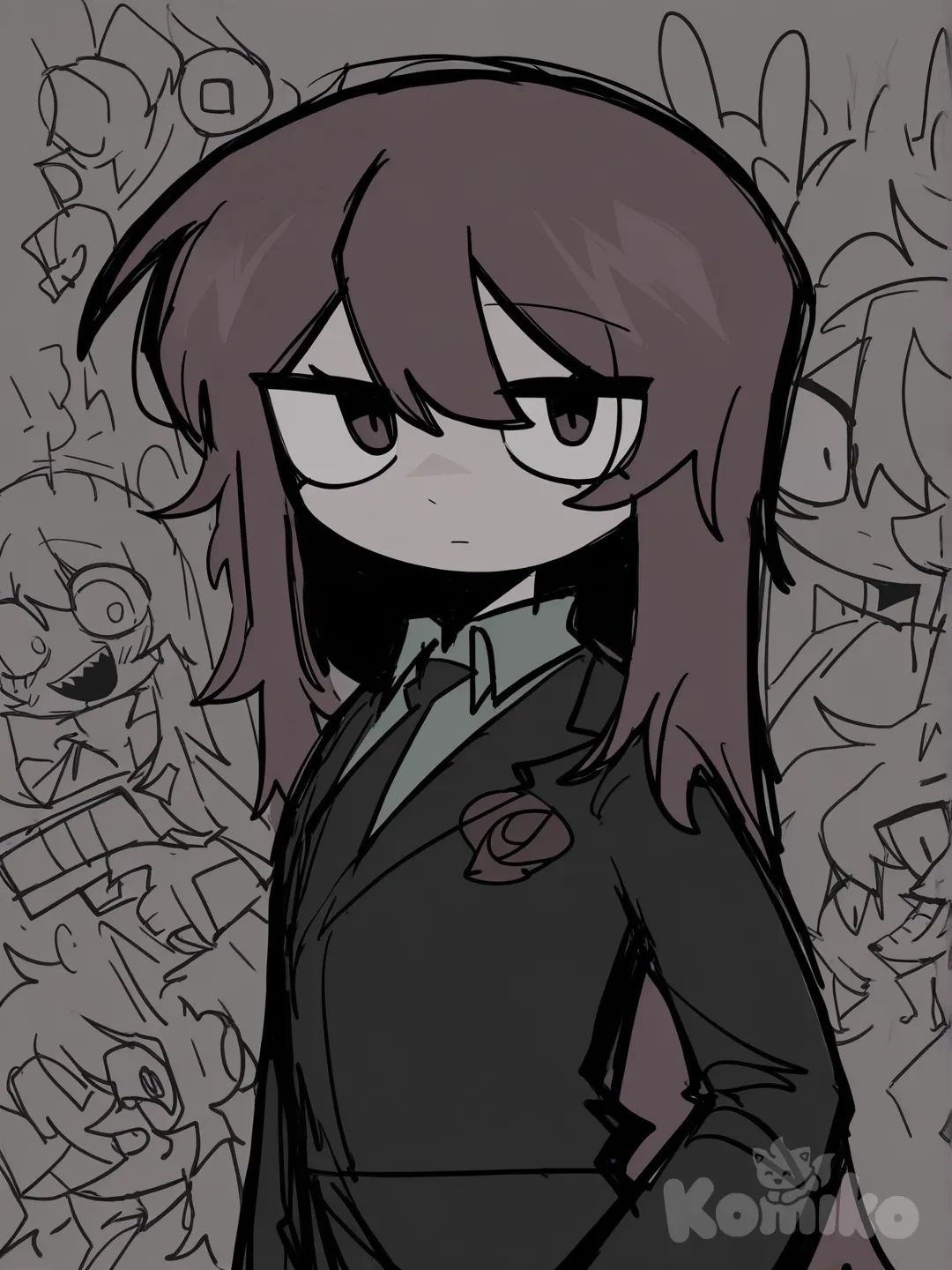 <minami-ou, expressionless, holding gun, looking at viewer, upper body, [pop-sketch-style]