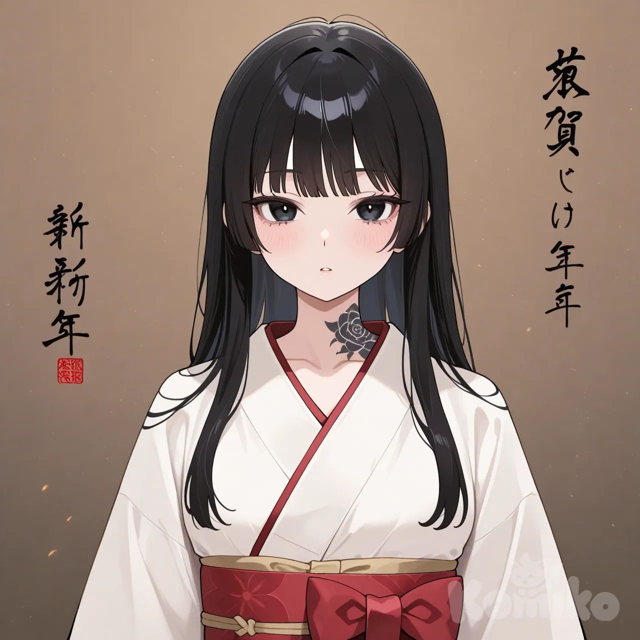 1girl, black hair, black eyes, straight hair, long hair, irezumi, white kimono