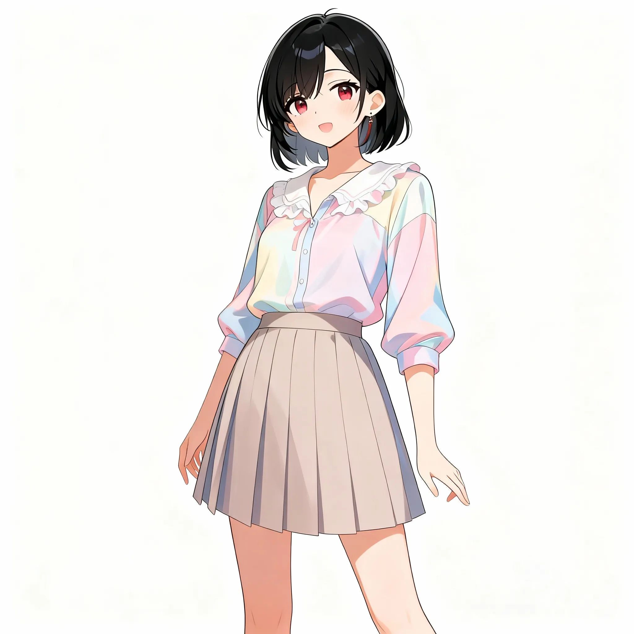 hana, 1girl, pleated skirt, pastel colored blouse, white background