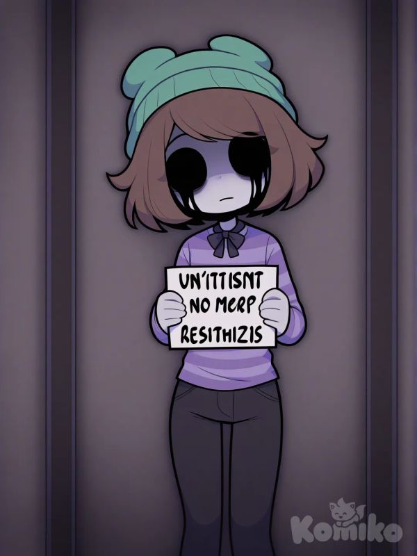 fnaf, 1girl, child, [pop-toon-style], brown hair, bob cut, purple and blue striped shirt, casual pants, no pupils, bow tie, green knit hat, pizzeria, holding sign, depressed, expressionless, crying, black tears, black sclera, grey skin.